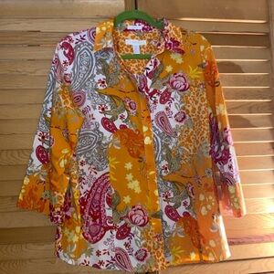 Chico’s No Iron Multicolors in Gold-red-beige Kimono Button Down  Blouse SZ 16